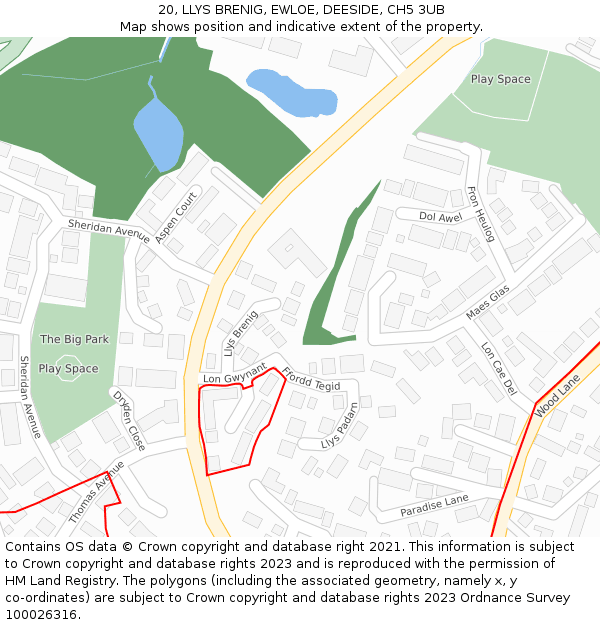 20, LLYS BRENIG, EWLOE, DEESIDE, CH5 3UB: Location map and indicative extent of plot