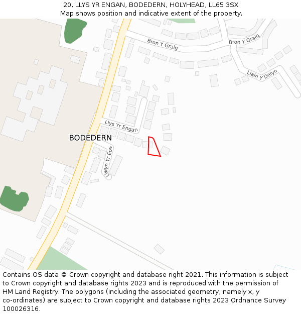 20, LLYS YR ENGAN, BODEDERN, HOLYHEAD, LL65 3SX: Location map and indicative extent of plot