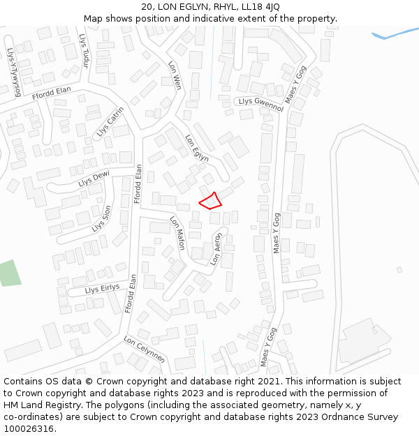 20, LON EGLYN, RHYL, LL18 4JQ: Location map and indicative extent of plot