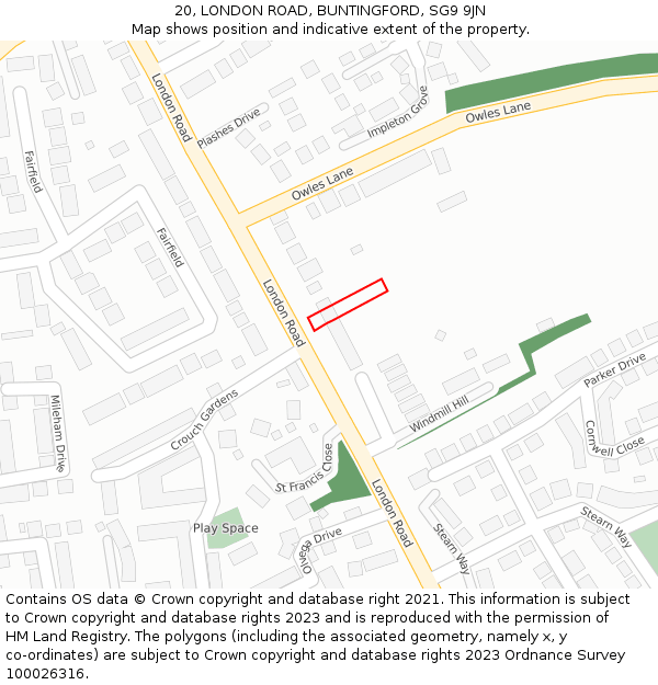 20, LONDON ROAD, BUNTINGFORD, SG9 9JN: Location map and indicative extent of plot