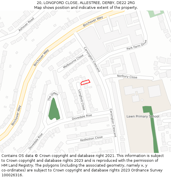 20, LONGFORD CLOSE, ALLESTREE, DERBY, DE22 2RG: Location map and indicative extent of plot