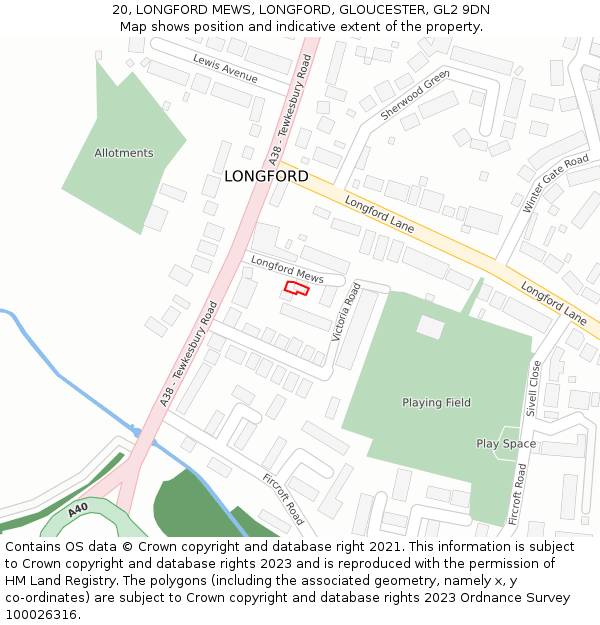 20, LONGFORD MEWS, LONGFORD, GLOUCESTER, GL2 9DN: Location map and indicative extent of plot