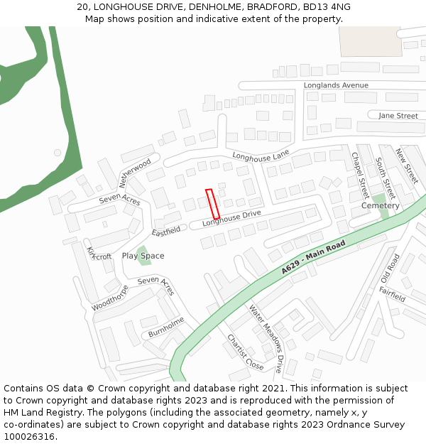 20, LONGHOUSE DRIVE, DENHOLME, BRADFORD, BD13 4NG: Location map and indicative extent of plot