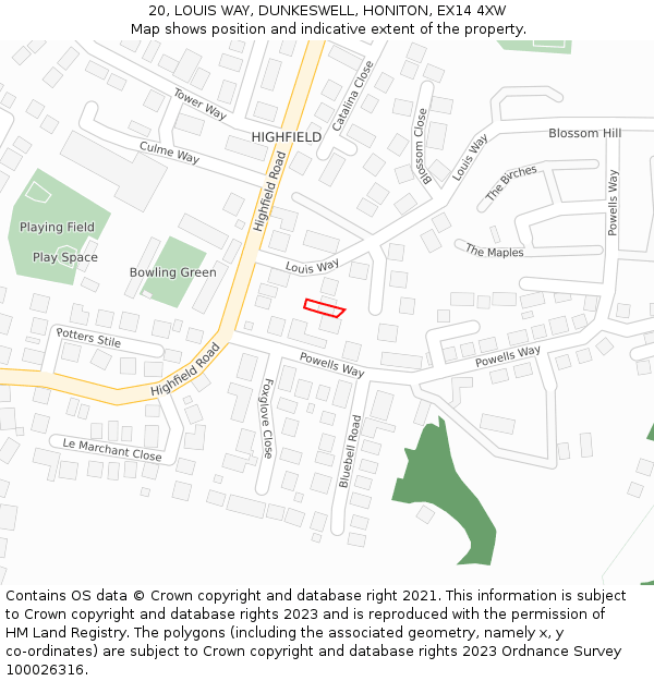 20, LOUIS WAY, DUNKESWELL, HONITON, EX14 4XW: Location map and indicative extent of plot