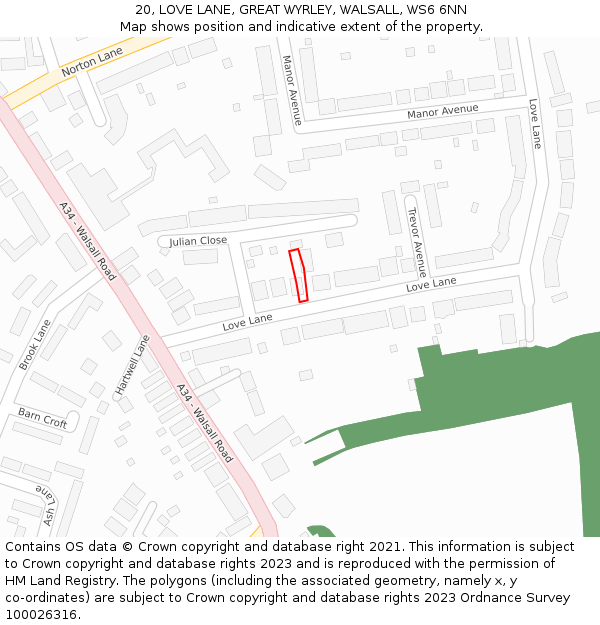 20, LOVE LANE, GREAT WYRLEY, WALSALL, WS6 6NN: Location map and indicative extent of plot