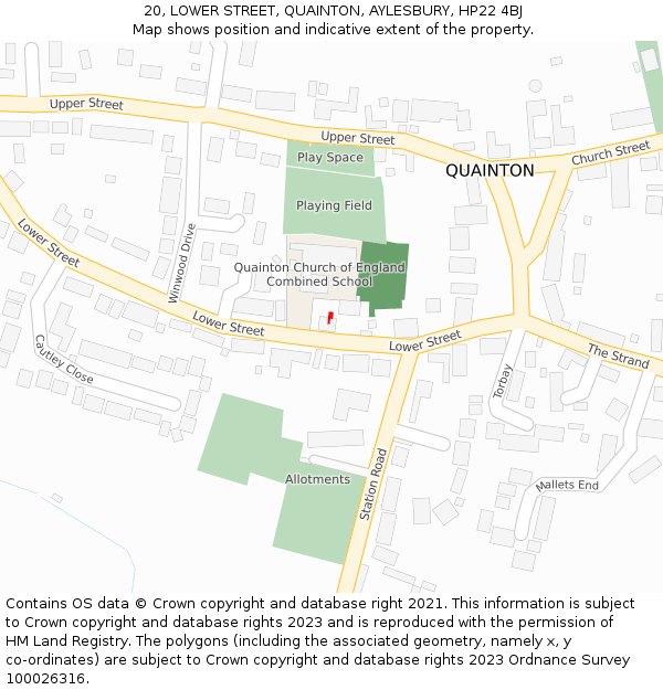 20, LOWER STREET, QUAINTON, AYLESBURY, HP22 4BJ: Location map and indicative extent of plot