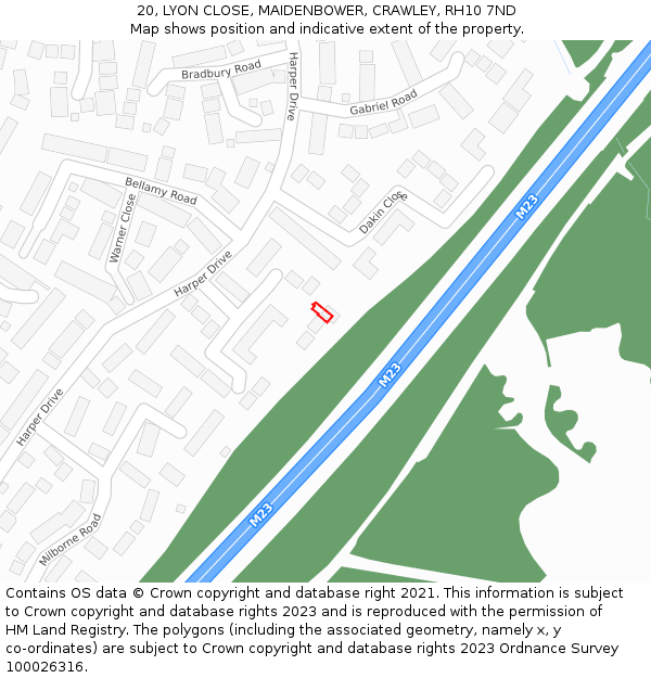 20, LYON CLOSE, MAIDENBOWER, CRAWLEY, RH10 7ND: Location map and indicative extent of plot