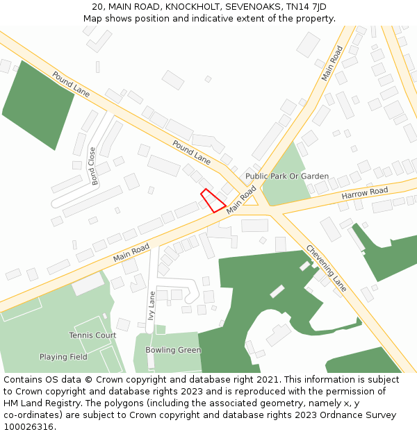 20, MAIN ROAD, KNOCKHOLT, SEVENOAKS, TN14 7JD: Location map and indicative extent of plot