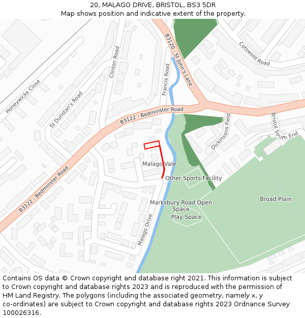 20, MALAGO DRIVE, BRISTOL, BS3 5DR: Location map and indicative extent of plot