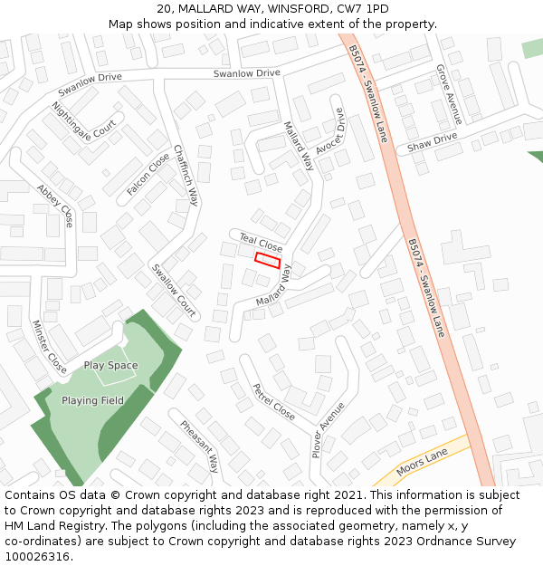 20, MALLARD WAY, WINSFORD, CW7 1PD: Location map and indicative extent of plot