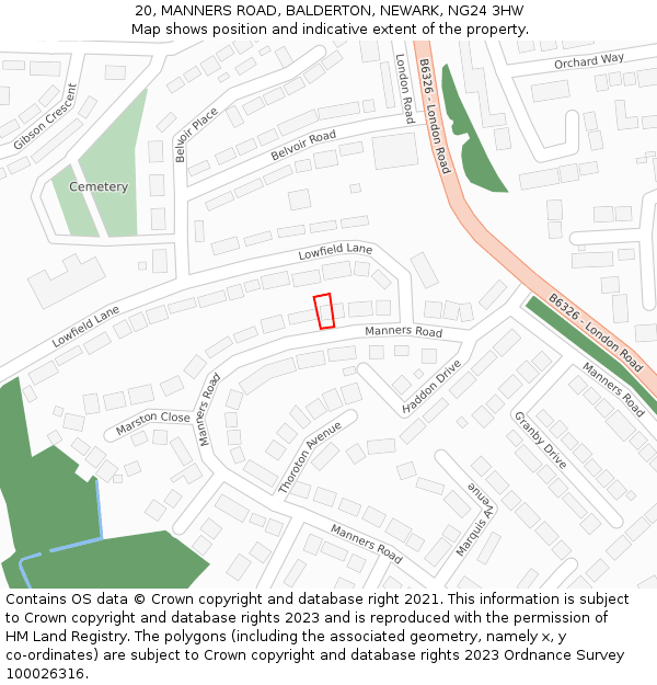 20, MANNERS ROAD, BALDERTON, NEWARK, NG24 3HW: Location map and indicative extent of plot