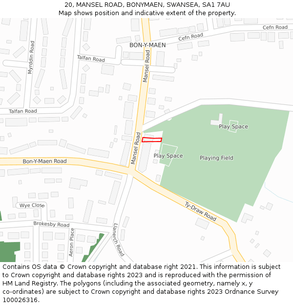 20, MANSEL ROAD, BONYMAEN, SWANSEA, SA1 7AU: Location map and indicative extent of plot