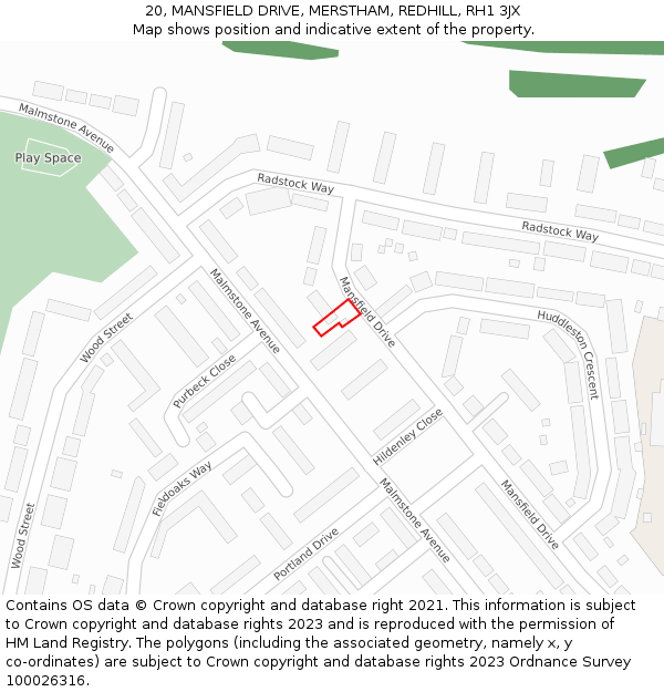 20, MANSFIELD DRIVE, MERSTHAM, REDHILL, RH1 3JX: Location map and indicative extent of plot