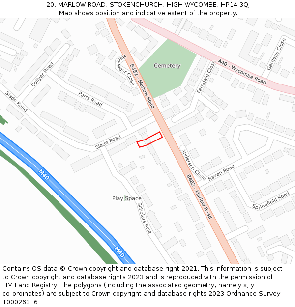 20, MARLOW ROAD, STOKENCHURCH, HIGH WYCOMBE, HP14 3QJ: Location map and indicative extent of plot