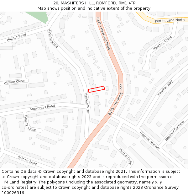 20, MASHITERS HILL, ROMFORD, RM1 4TP: Location map and indicative extent of plot