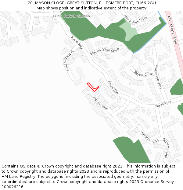 20, MASON CLOSE, GREAT SUTTON, ELLESMERE PORT, CH66 2GU: Location map and indicative extent of plot