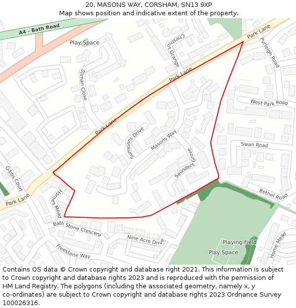 20, MASONS WAY, CORSHAM, SN13 9XP: Location map and indicative extent of plot