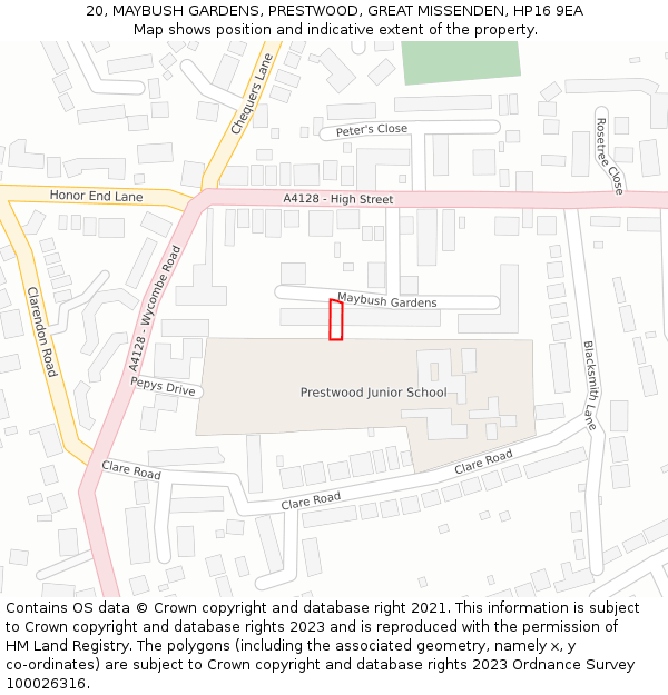 20, MAYBUSH GARDENS, PRESTWOOD, GREAT MISSENDEN, HP16 9EA: Location map and indicative extent of plot