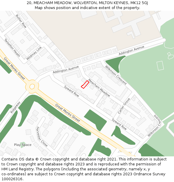 20, MEACHAM MEADOW, WOLVERTON, MILTON KEYNES, MK12 5GJ: Location map and indicative extent of plot