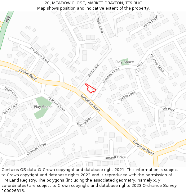 20, MEADOW CLOSE, MARKET DRAYTON, TF9 3UG: Location map and indicative extent of plot