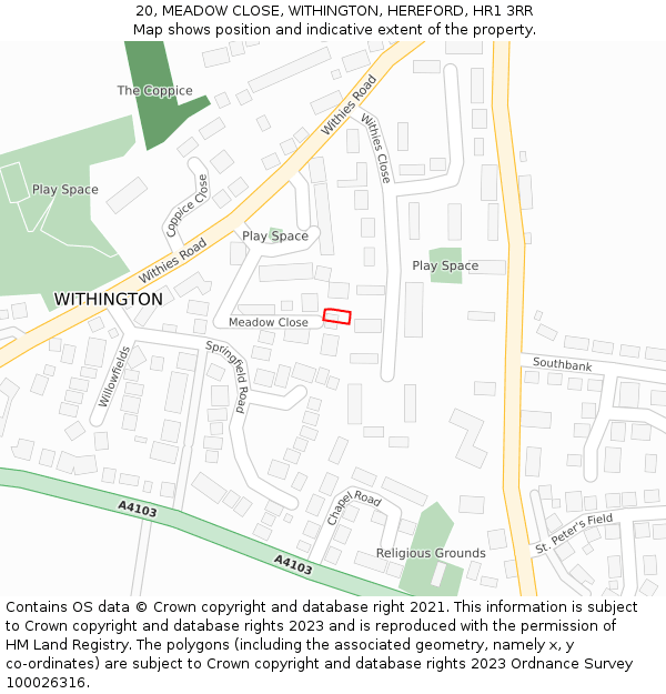 20, MEADOW CLOSE, WITHINGTON, HEREFORD, HR1 3RR: Location map and indicative extent of plot