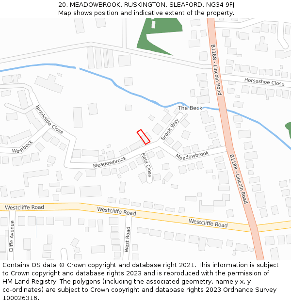 20, MEADOWBROOK, RUSKINGTON, SLEAFORD, NG34 9FJ: Location map and indicative extent of plot