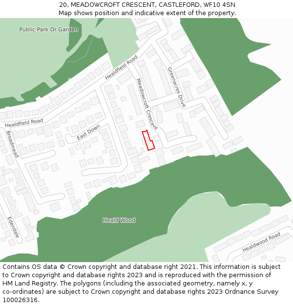 20, MEADOWCROFT CRESCENT, CASTLEFORD, WF10 4SN: Location map and indicative extent of plot