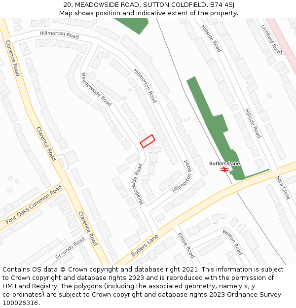 20, MEADOWSIDE ROAD, SUTTON COLDFIELD, B74 4SJ: Location map and indicative extent of plot