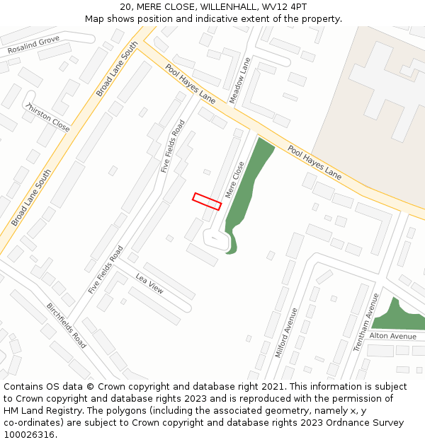 20, MERE CLOSE, WILLENHALL, WV12 4PT: Location map and indicative extent of plot