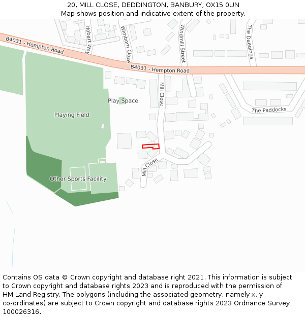 20, MILL CLOSE, DEDDINGTON, BANBURY, OX15 0UN: Location map and indicative extent of plot