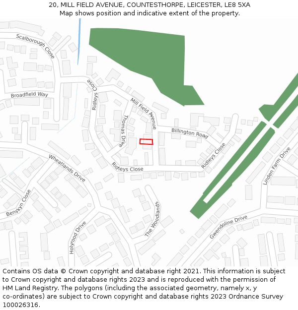 20, MILL FIELD AVENUE, COUNTESTHORPE, LEICESTER, LE8 5XA: Location map and indicative extent of plot