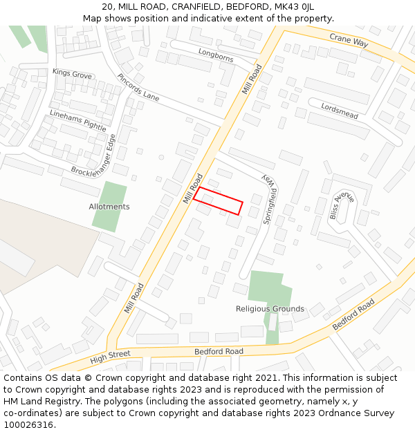 20, MILL ROAD, CRANFIELD, BEDFORD, MK43 0JL: Location map and indicative extent of plot