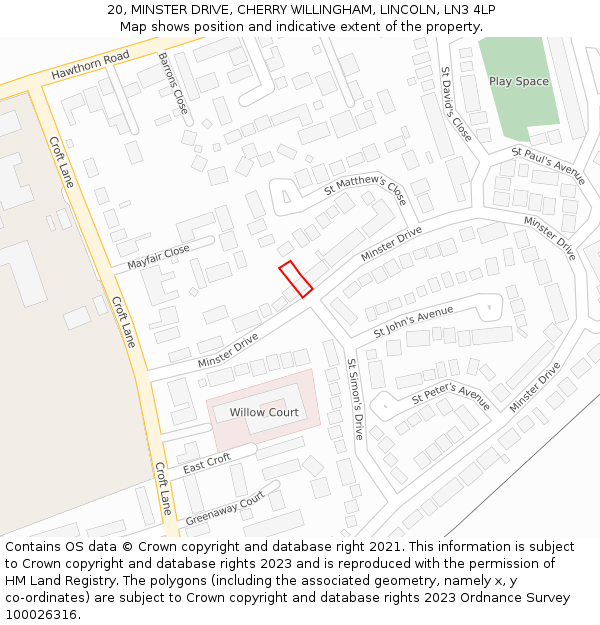 20, MINSTER DRIVE, CHERRY WILLINGHAM, LINCOLN, LN3 4LP: Location map and indicative extent of plot