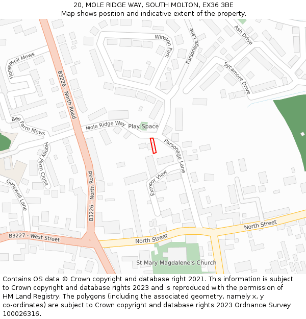 20, MOLE RIDGE WAY, SOUTH MOLTON, EX36 3BE: Location map and indicative extent of plot