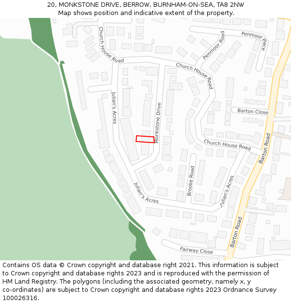 20, MONKSTONE DRIVE, BERROW, BURNHAM-ON-SEA, TA8 2NW: Location map and indicative extent of plot