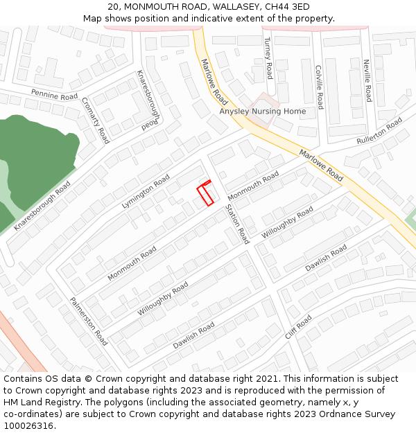 20, MONMOUTH ROAD, WALLASEY, CH44 3ED: Location map and indicative extent of plot