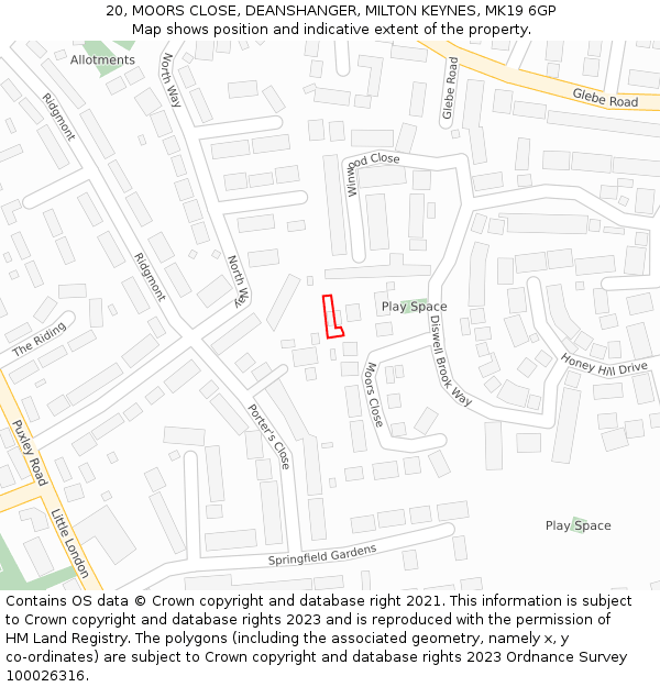 20, MOORS CLOSE, DEANSHANGER, MILTON KEYNES, MK19 6GP: Location map and indicative extent of plot