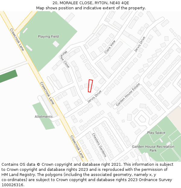 20, MORALEE CLOSE, RYTON, NE40 4QE: Location map and indicative extent of plot