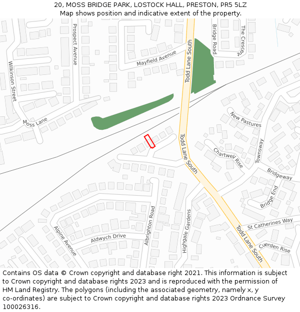 20, MOSS BRIDGE PARK, LOSTOCK HALL, PRESTON, PR5 5LZ: Location map and indicative extent of plot