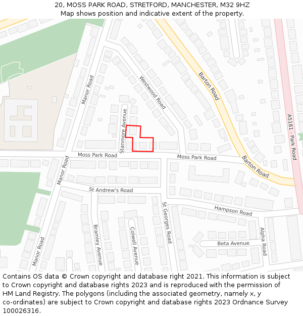 20, MOSS PARK ROAD, STRETFORD, MANCHESTER, M32 9HZ: Location map and indicative extent of plot