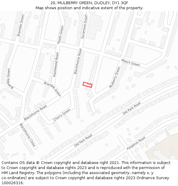 20, MULBERRY GREEN, DUDLEY, DY1 3QF: Location map and indicative extent of plot