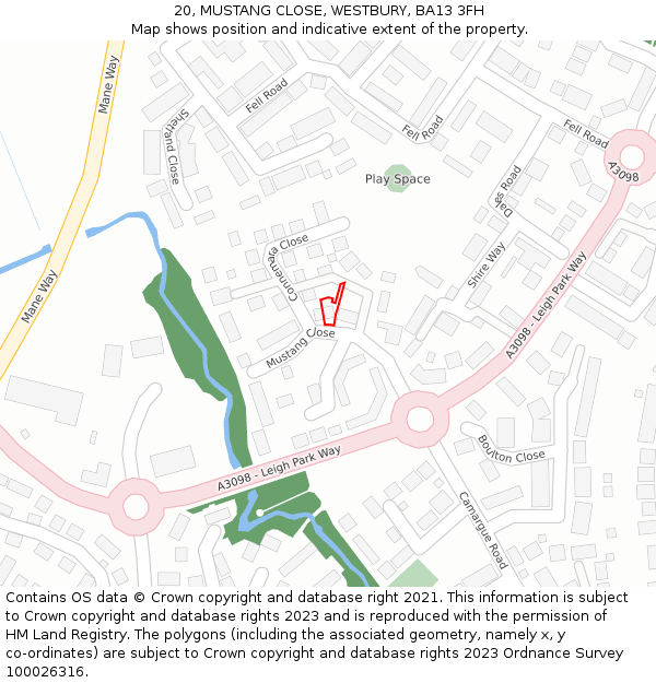 20, MUSTANG CLOSE, WESTBURY, BA13 3FH: Location map and indicative extent of plot