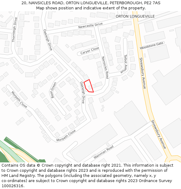 20, NANSICLES ROAD, ORTON LONGUEVILLE, PETERBOROUGH, PE2 7AS: Location map and indicative extent of plot