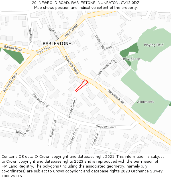 20, NEWBOLD ROAD, BARLESTONE, NUNEATON, CV13 0DZ: Location map and indicative extent of plot