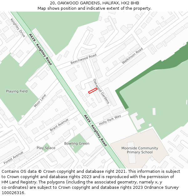 20, OAKWOOD GARDENS, HALIFAX, HX2 8HB: Location map and indicative extent of plot