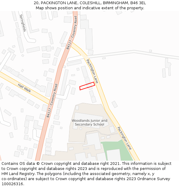 20, PACKINGTON LANE, COLESHILL, BIRMINGHAM, B46 3EL: Location map and indicative extent of plot