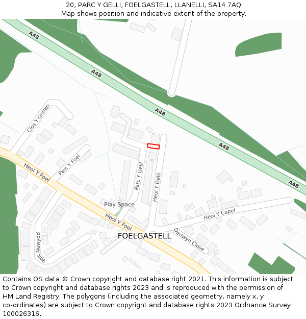 20, PARC Y GELLI, FOELGASTELL, LLANELLI, SA14 7AQ: Location map and indicative extent of plot