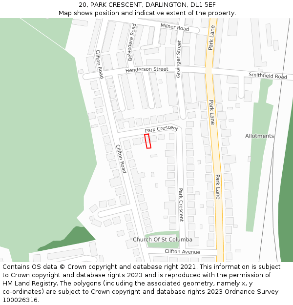 20, PARK CRESCENT, DARLINGTON, DL1 5EF: Location map and indicative extent of plot