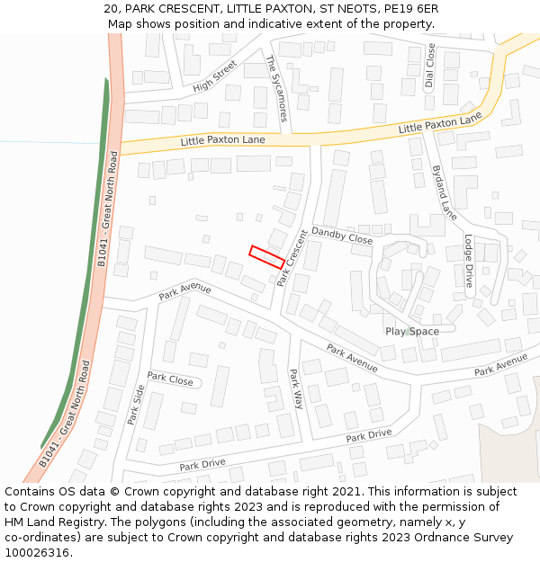 20, PARK CRESCENT, LITTLE PAXTON, ST NEOTS, PE19 6ER: Location map and indicative extent of plot