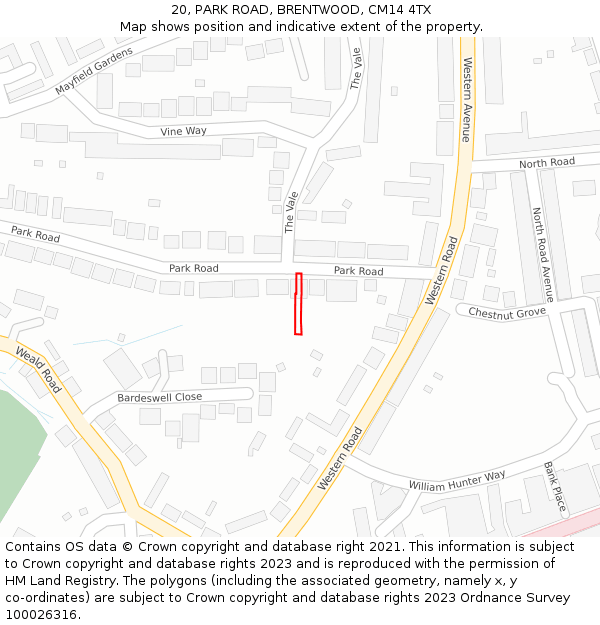 20, PARK ROAD, BRENTWOOD, CM14 4TX: Location map and indicative extent of plot